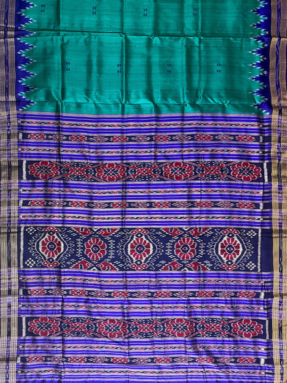 Cyan Green and Blue Pure Silk Handloom Khandua Patta Saree