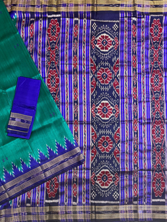 Cyan Green and Blue Pure Silk Handloom Khandua Patta Saree