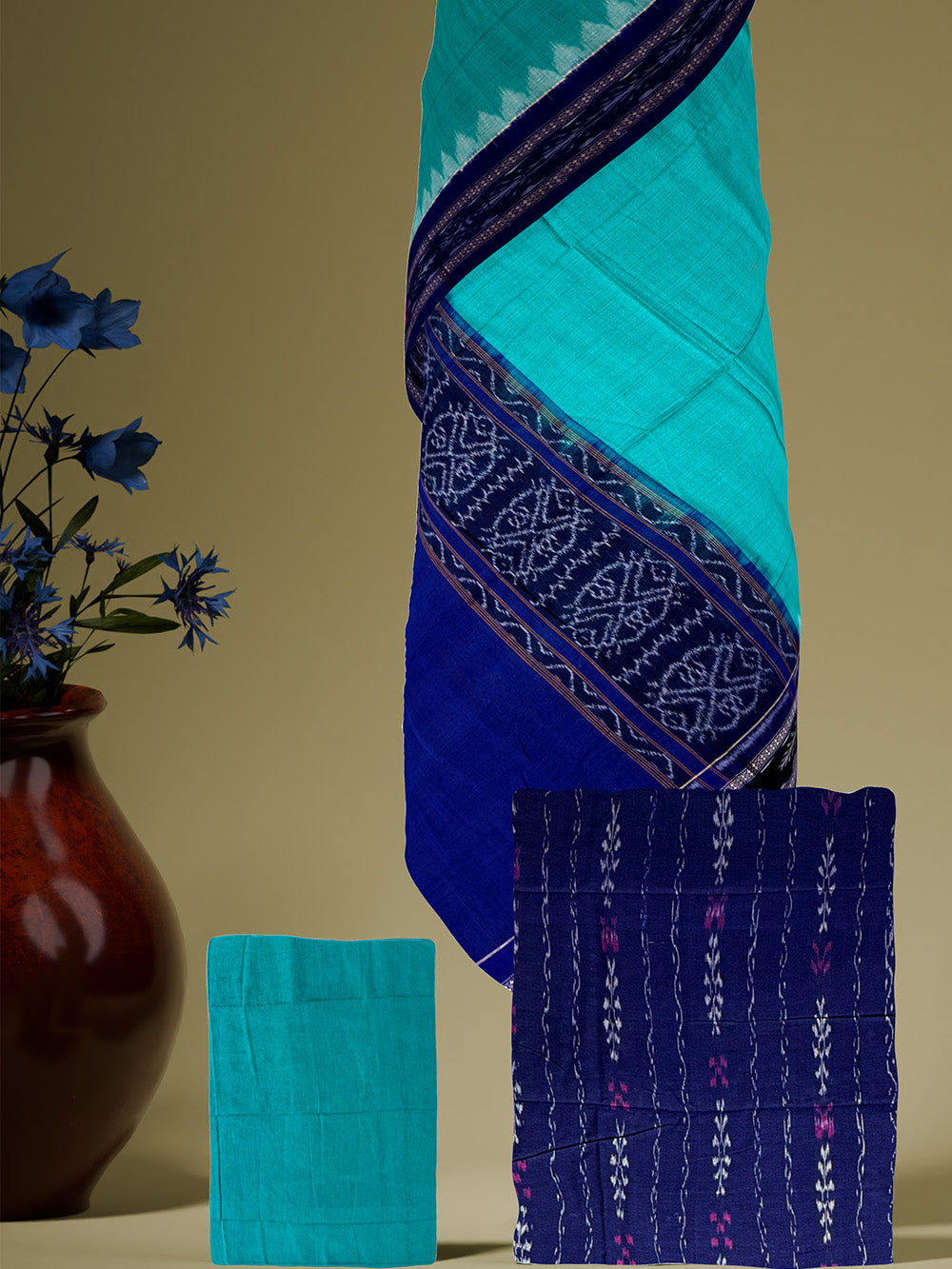 Dark Blue and Turquoise Sambalpuri Handloom Cotton Dress Material