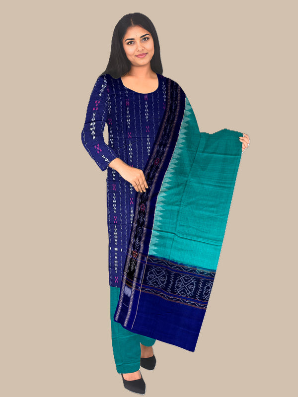 Dark Blue and Turquoise Sambalpuri Handloom Cotton Dress Material