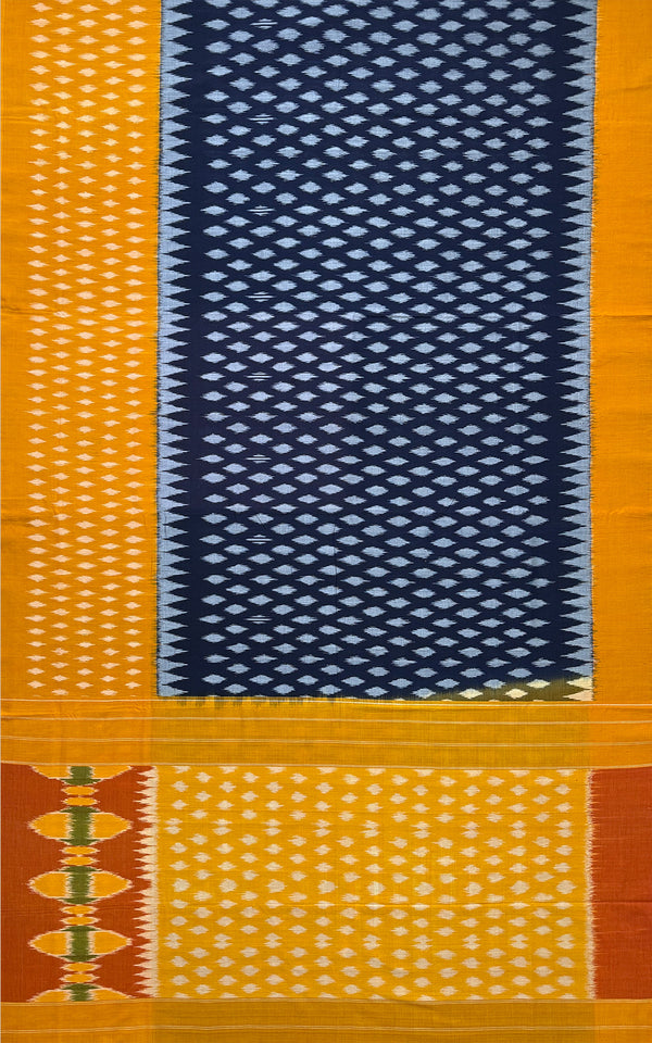Dark Blue and Yellow Pochampally Mercerised Cotton Handloom Saree in Ikkat Pattern