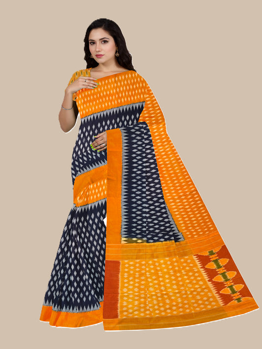Dark Blue and Yellow Pochampally Mercerised Cotton Handloom Saree in Ikkat Pattern