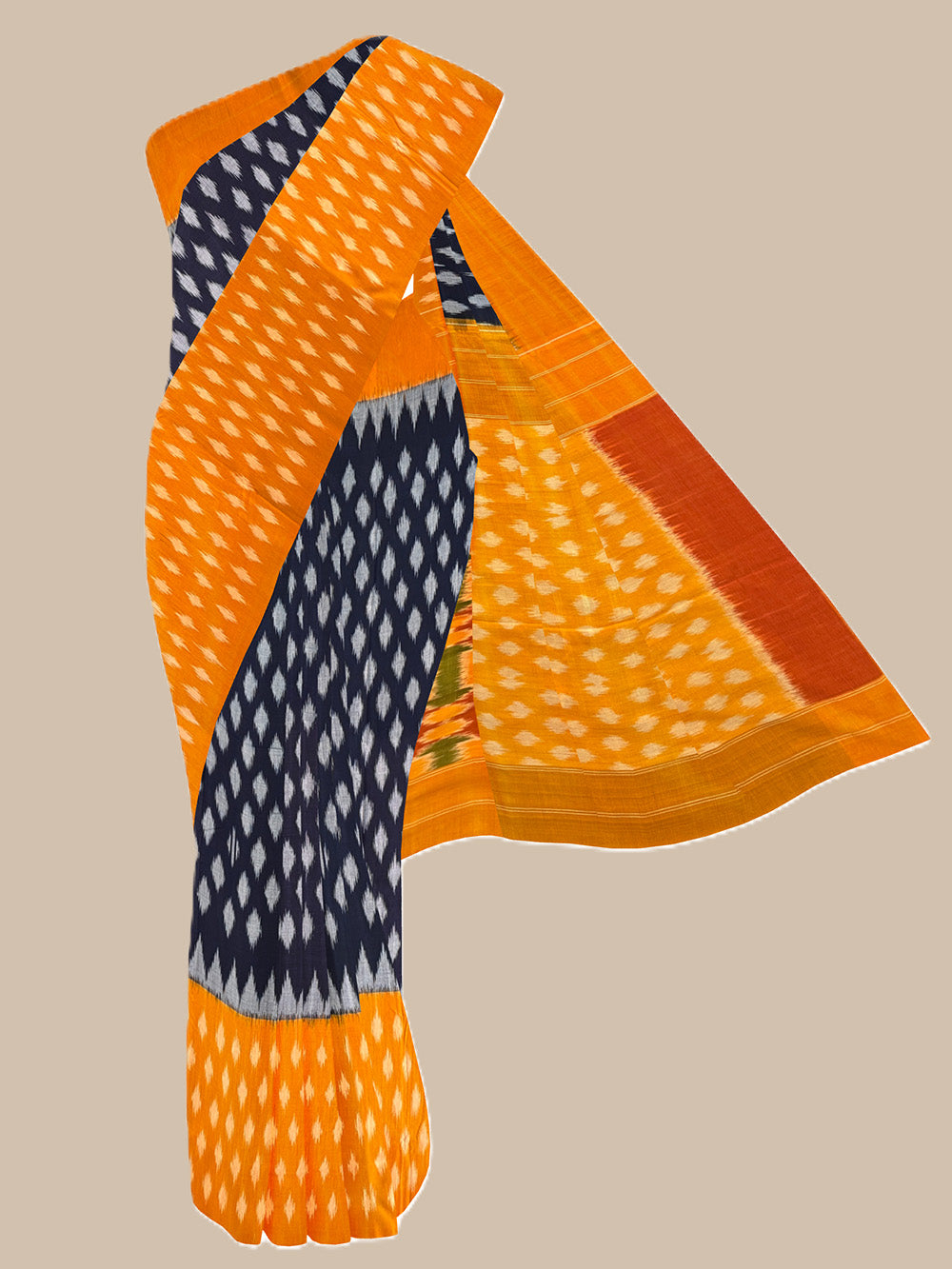 Dark Blue and Yellow Pochampally Mercerised Cotton Handloom Saree in Ikkat Pattern