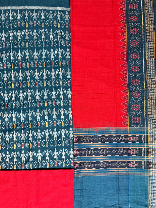 Dark Cyan and Red Sambalpuri Handloom Cotton Dress Material