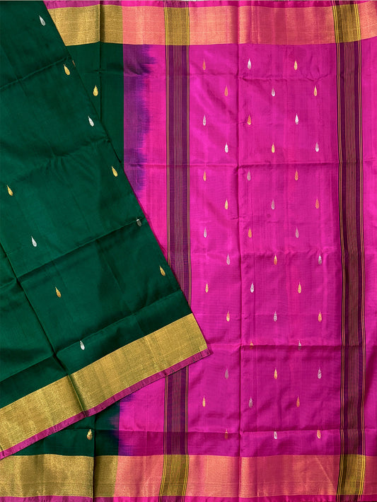 Bottle Green and Pink Pure Silk Uppada Handloom Saree with alternate Golden & Silver Butta