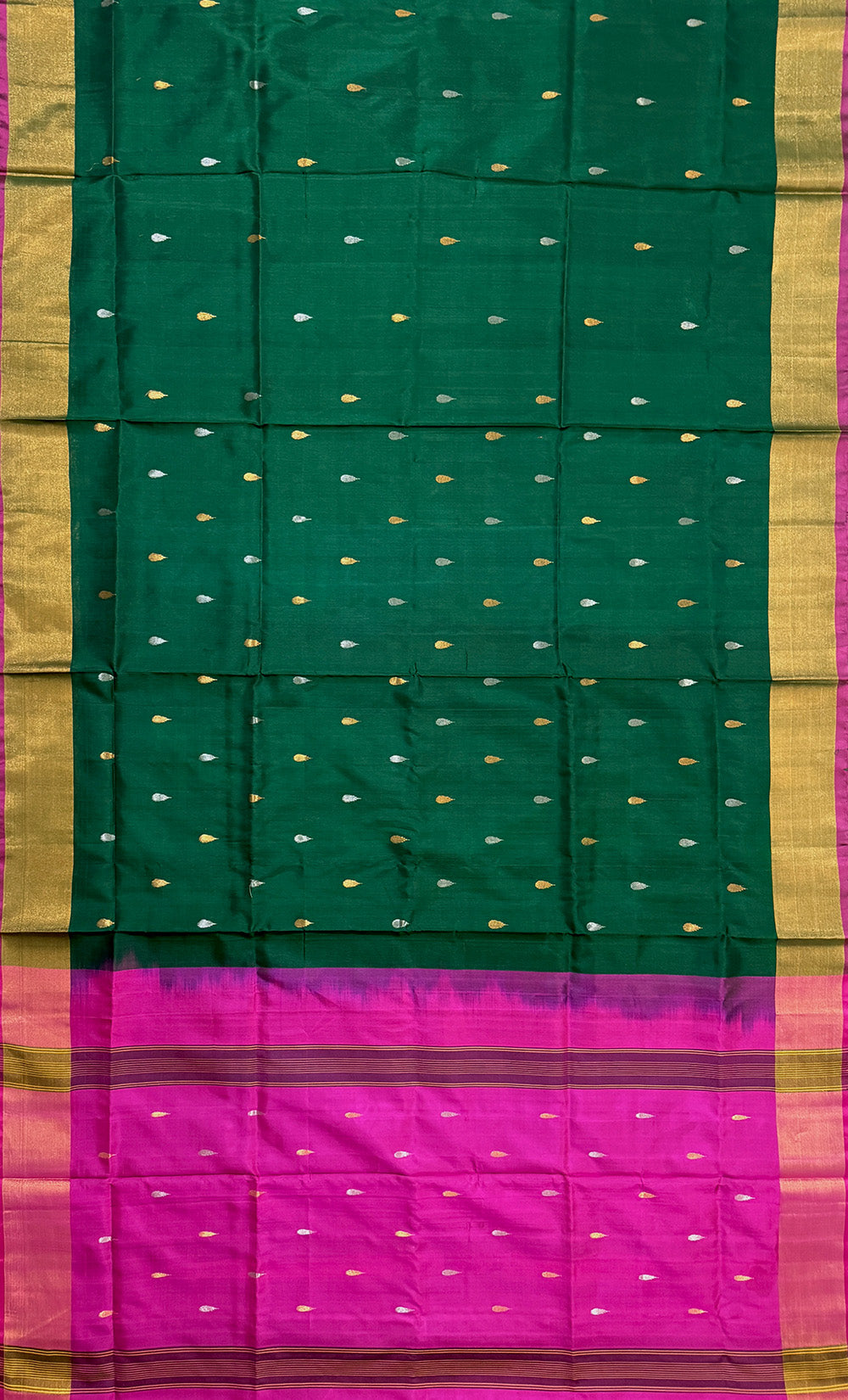 Bottle Green and Pink Pure Silk Uppada Handloom Saree with alternate Golden & Silver Butta