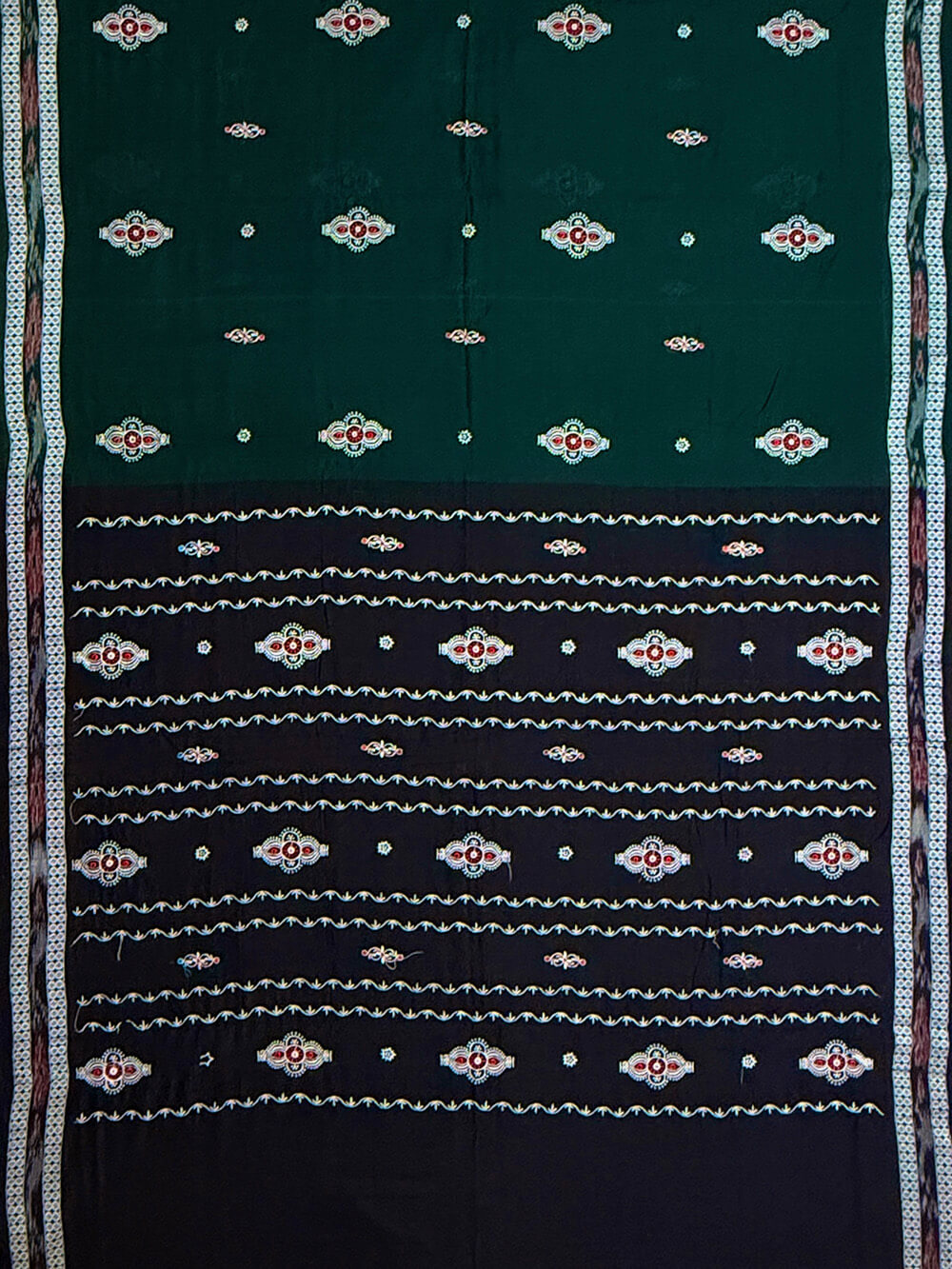 Dark Green and Black Nuapatna Handloom Cotton Saree with Embroidered Motifs