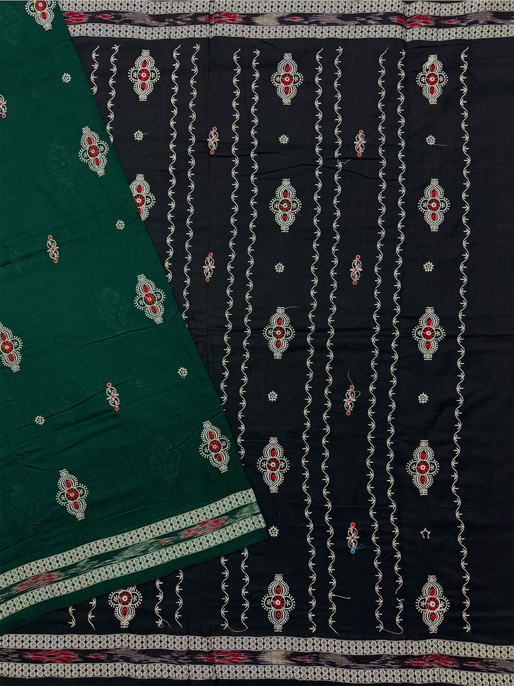 Dark Green and Black Nuapatna Handloom Cotton Saree with Embroidered Motifs