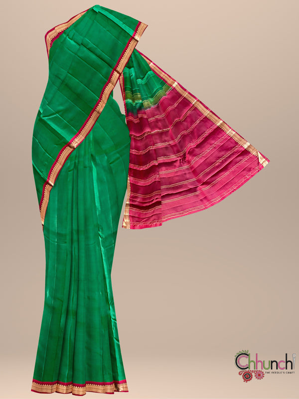 Dark Green and Pink Plain Body Pure Silk Handloom Kanjivaram Saree
