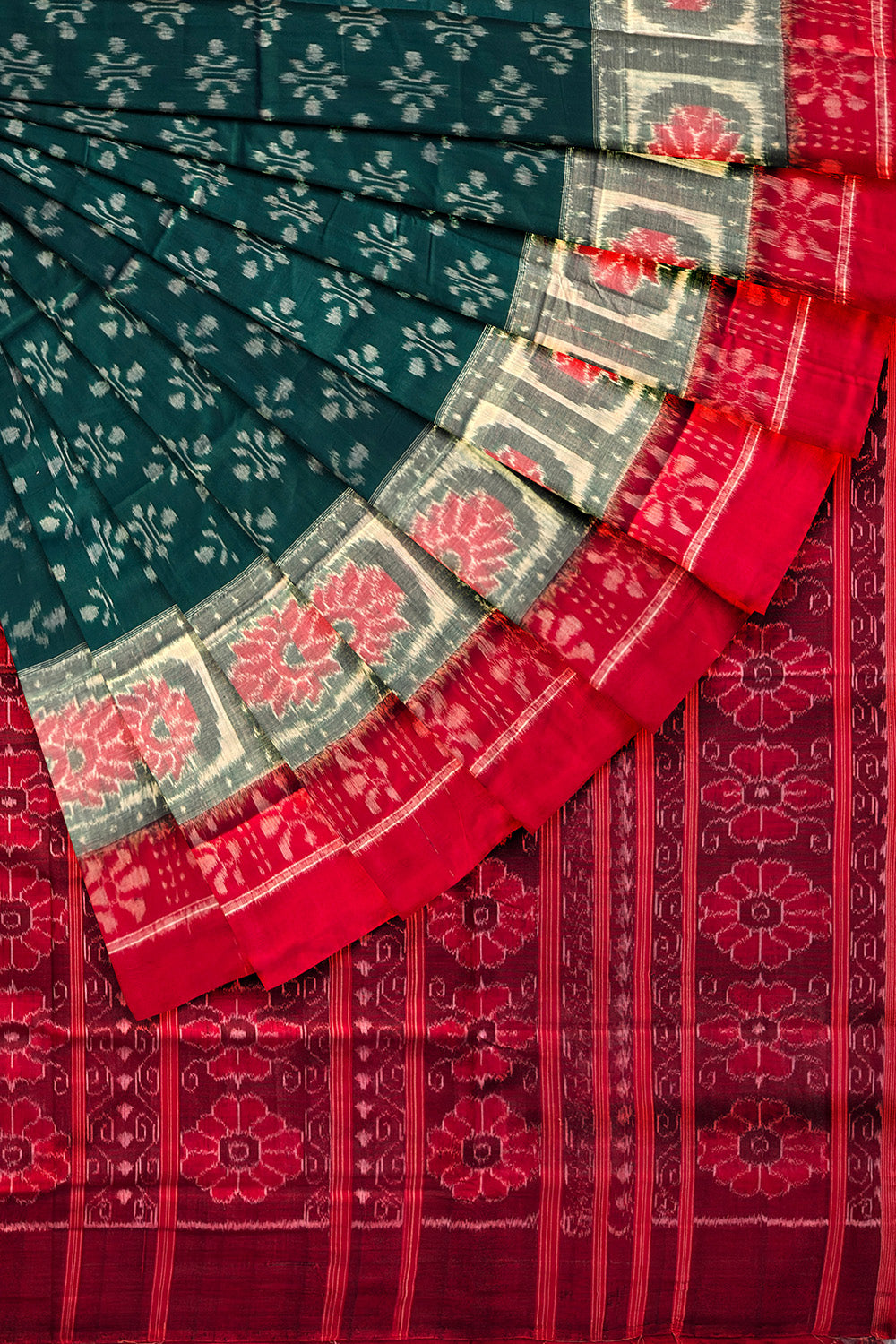 Dark Green and Red Handloom Cotton Sambalpuri Saree