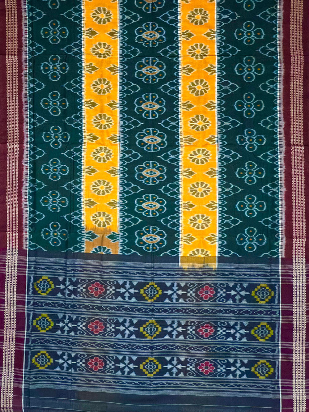 Dark Green and Yellow Handloom Cotton Sambalpuri Saree