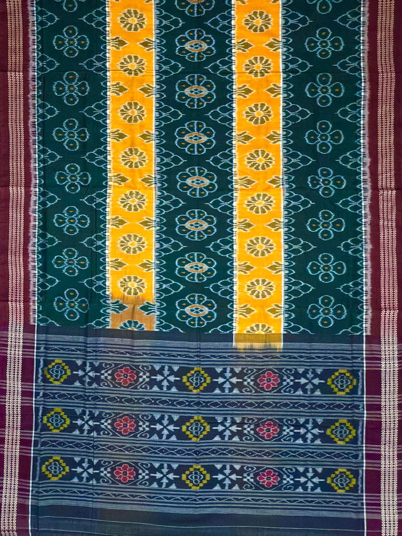 Dark Green and Yellow Handloom Cotton Sambalpuri Saree