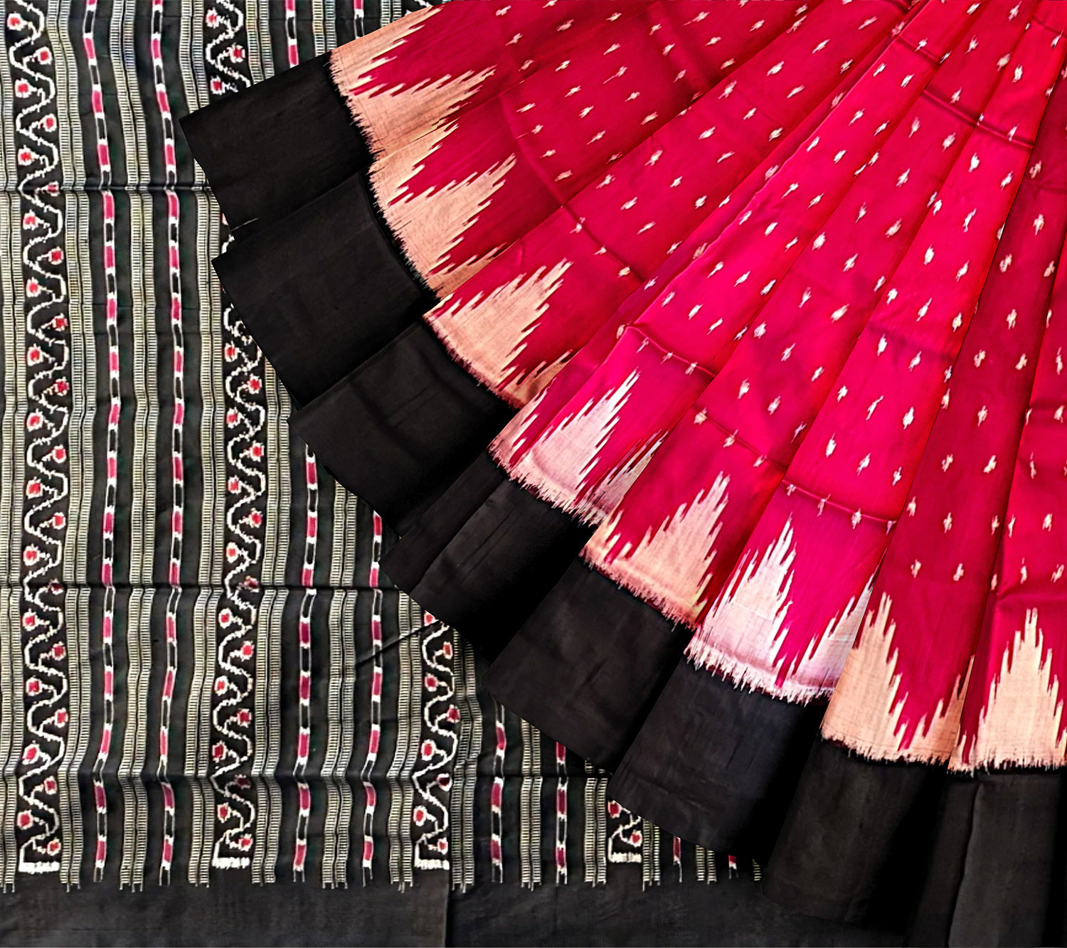 Dark Pink and Black Pure Silk Sambalpuri Handloom Saree with Plain Border and Kumbha Design