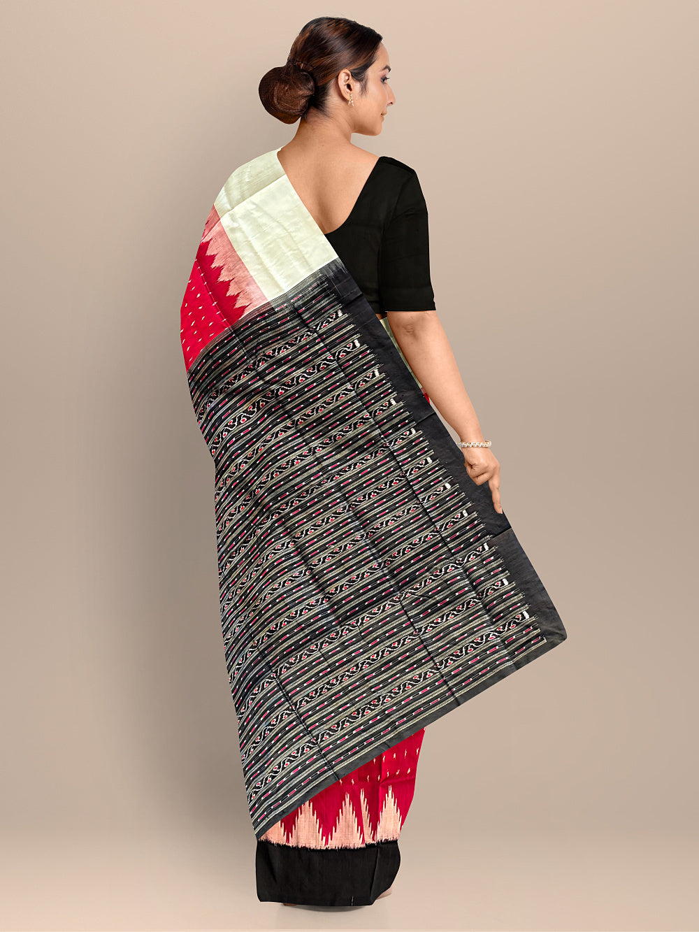 Dark Pink and Black Pure Silk Sambalpuri Handloom Saree with Plain Border and Kumbha Design