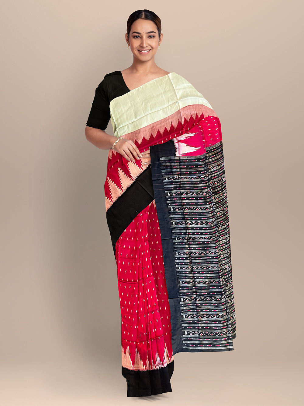 Dark Pink and Black Pure Silk Sambalpuri Handloom Saree with Plain Border and Kumbha Design