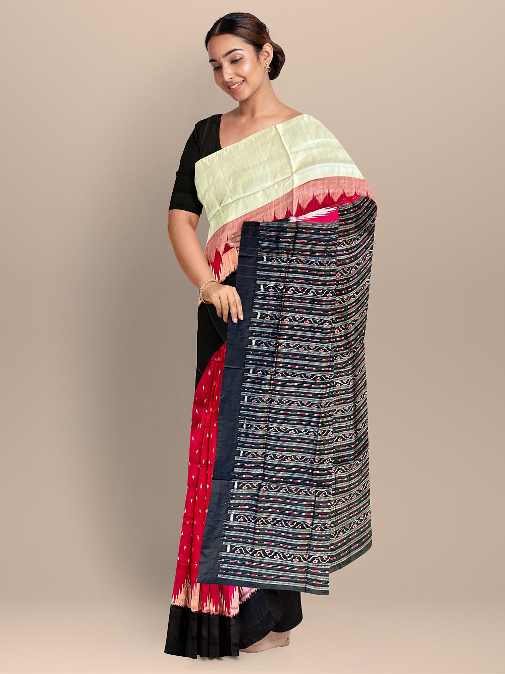 Dark Pink and Black Pure Silk Sambalpuri Handloom Saree with Plain Border and Kumbha Design
