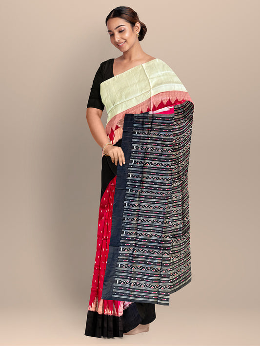 Dark Pink and Black Pure Silk Sambalpuri Handloom Saree with Plain Border and Kumbha Design