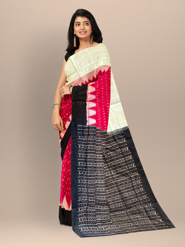 Dark Pink & Black Pure Silk Sambalpuri Handloom Saree with Plain Border and Kumbha Design