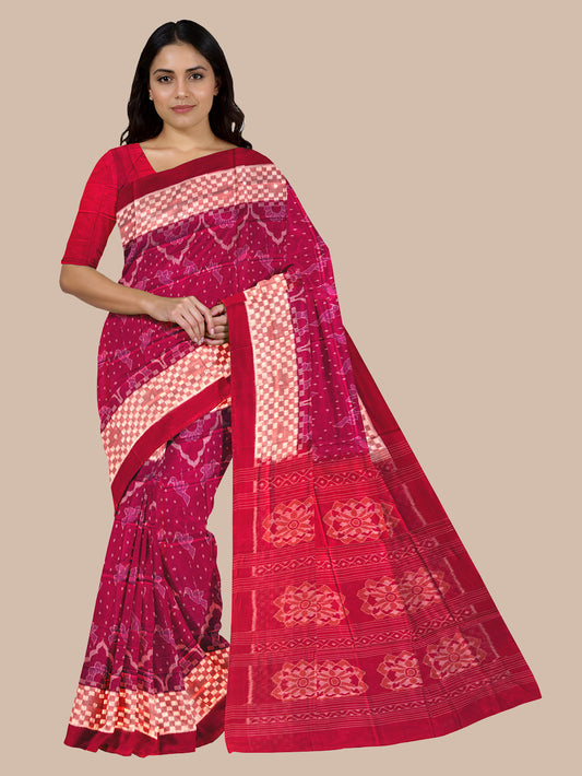 Dark Pink and Red Handloom Cotton Sambalpuri Saree