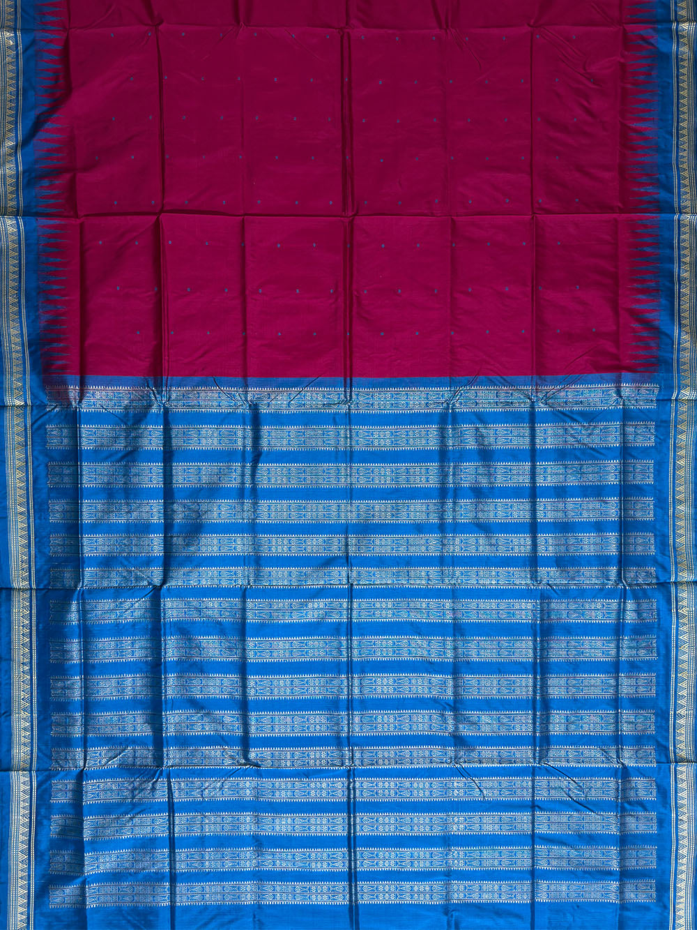 Dark Pink and Turquoise Blue Pure Sambalpuri Silk Handloom Saree with Triangle Pattern Border