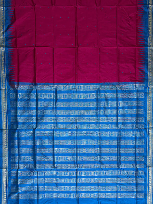 Dark Pink and Turquoise Blue Pure Sambalpuri Silk Handloom Saree with Triangle Pattern Border