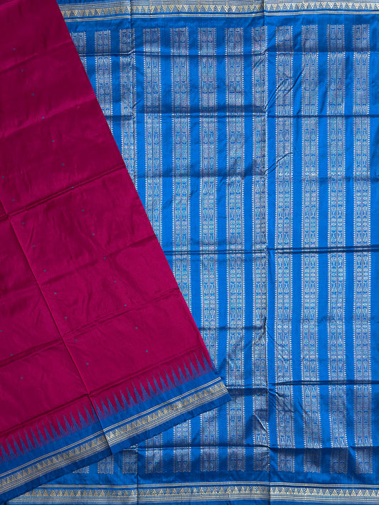 Dark Pink and Turquoise Blue Pure Sambalpuri Silk Handloom Saree with Triangle Pattern Border