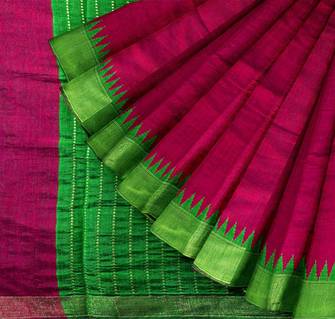 Dark Pink and and Green Pure Raw Silk Handloom Saree