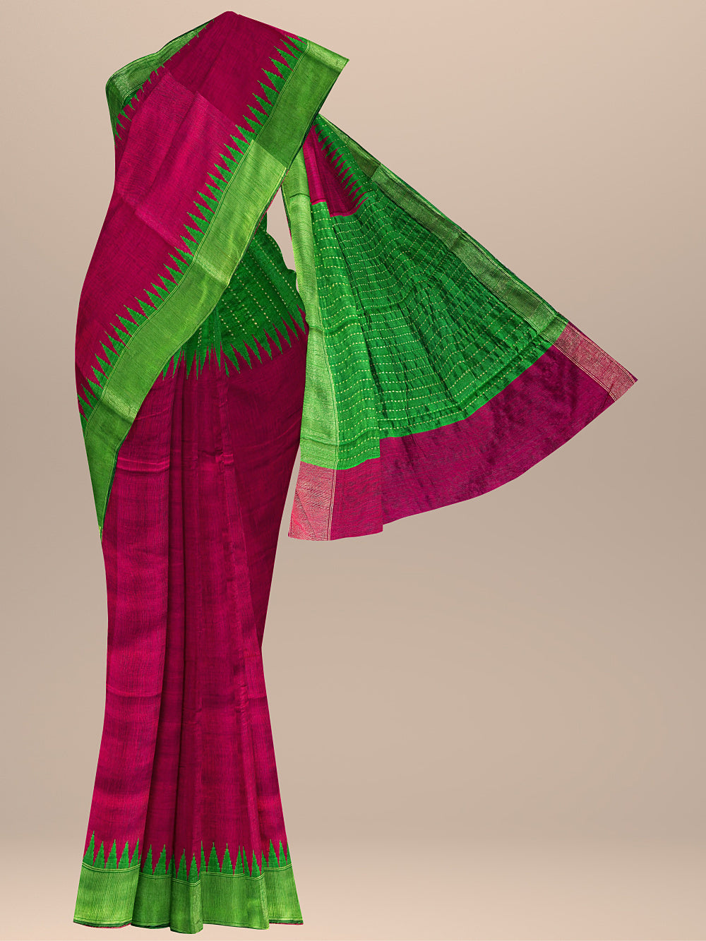 Dark Pink and and Green Pure Raw Silk Handloom Saree