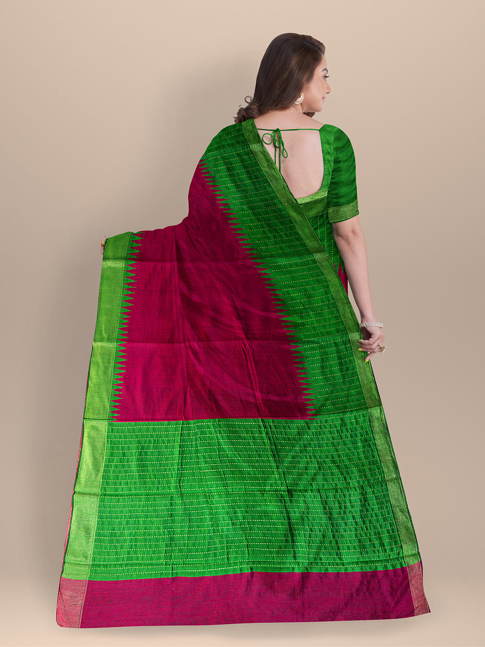 Dark Pink and and Green Pure Raw Silk Handloom Saree