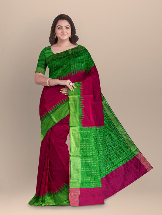 Dark Pink and and Green Pure Raw Silk Handloom Saree