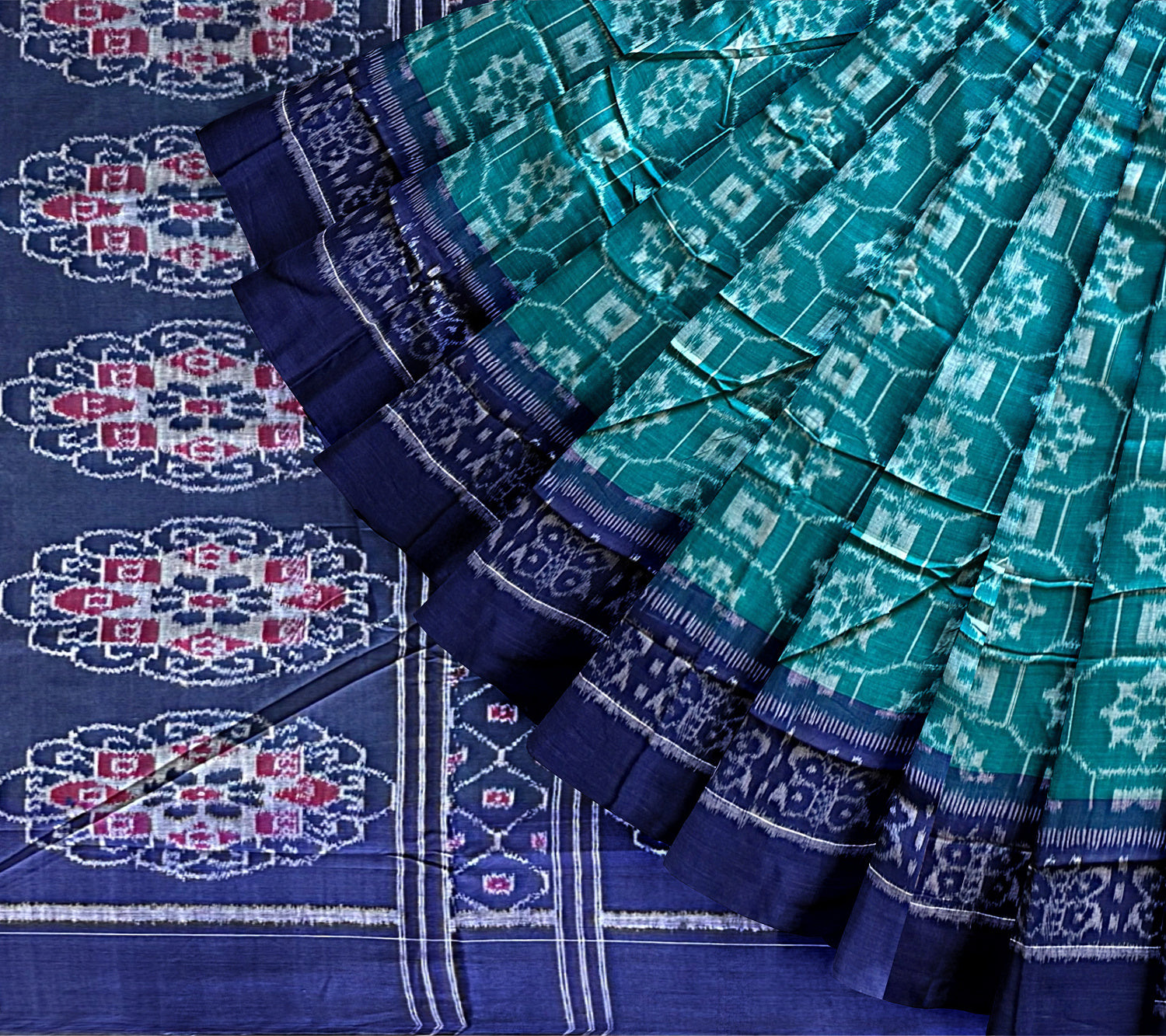 Emerald Green and Blue Handloom Cotton Sambalpuri Saree