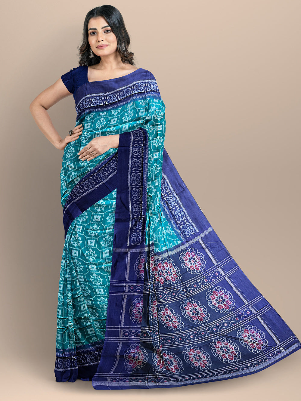 Emerald Green and Blue Handloom Cotton Sambalpuri Saree