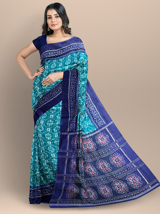 Emerald Green and Blue Handloom Cotton Sambalpuri Saree