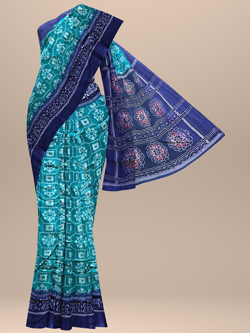 Emerald Green and Blue Handloom Cotton Sambalpuri Saree