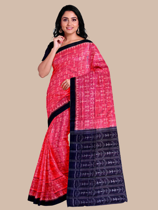 Flamingo Pink and Navy Blue Handloom Cotton Sambalpuri Saree