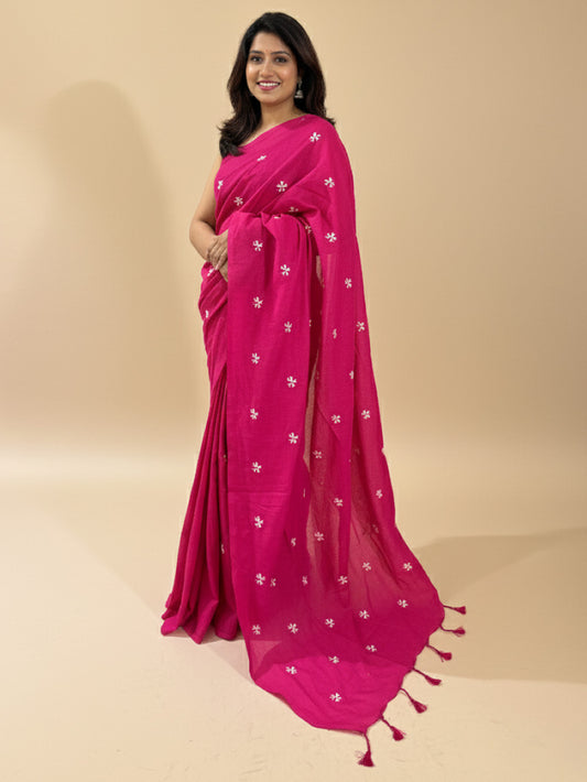 Fuchsia Pink Cotton Handloom Saree with White flower Embroidery