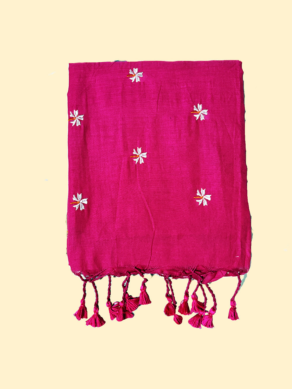 Fuchsia Pink Cotton Handloom Saree with White flower Embroidery