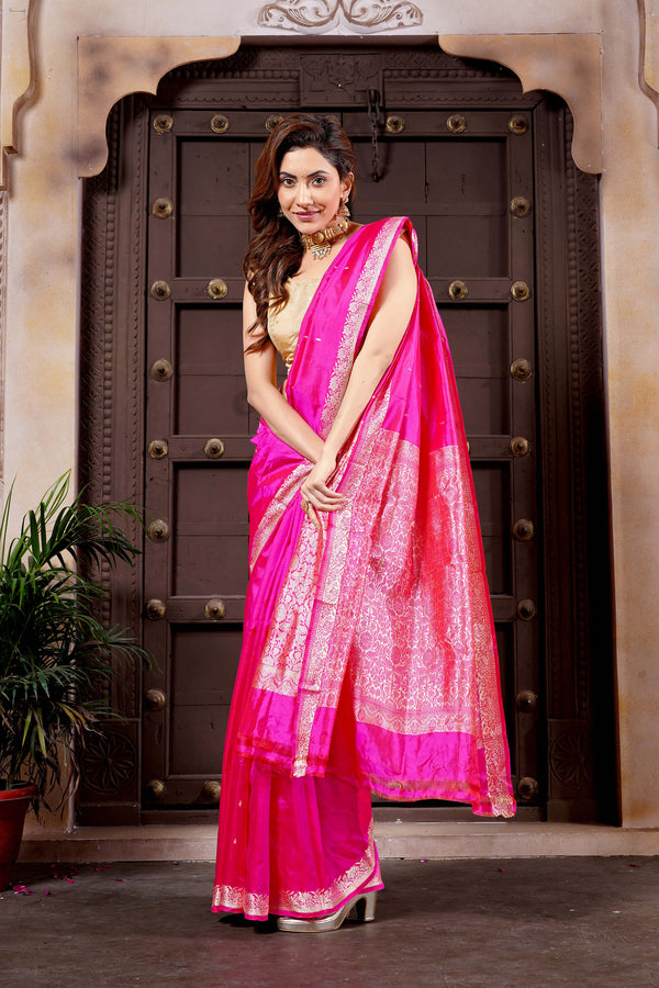 Fuchsia Pink Pure Katan Silk Banarasi Handloom Saree with Resham Work
