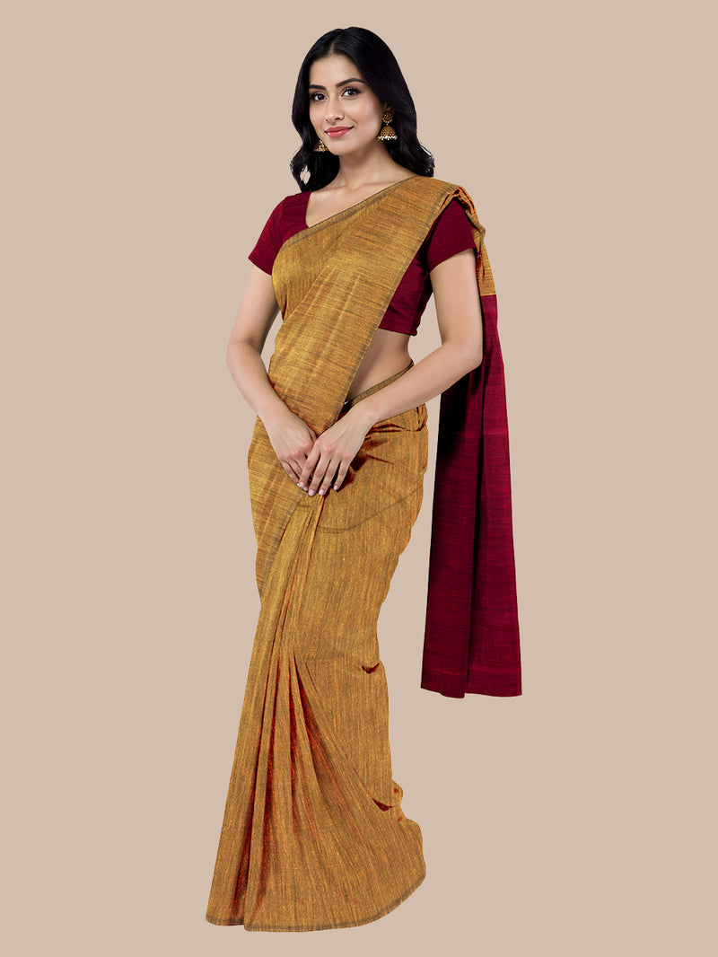 Golden Brown and Maroon Khadi Cotton Handloom Saree