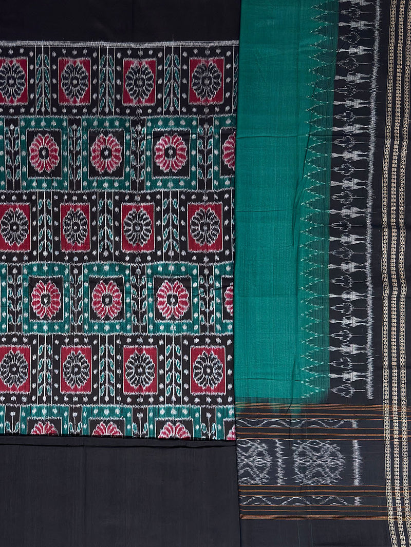 Green, Maroon and Black Sambalpuri Handloom Cotton Dress Material with Flower Motifs