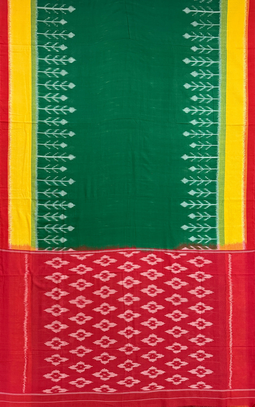 Green, Yellow and Red Pochampally Mercerised Cotton Handloom Saree in Ikkat Pattern