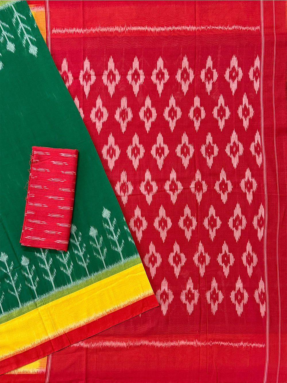 Green, Yellow and Red Pochampally Mercerised Cotton Handloom Saree in Ikkat Pattern