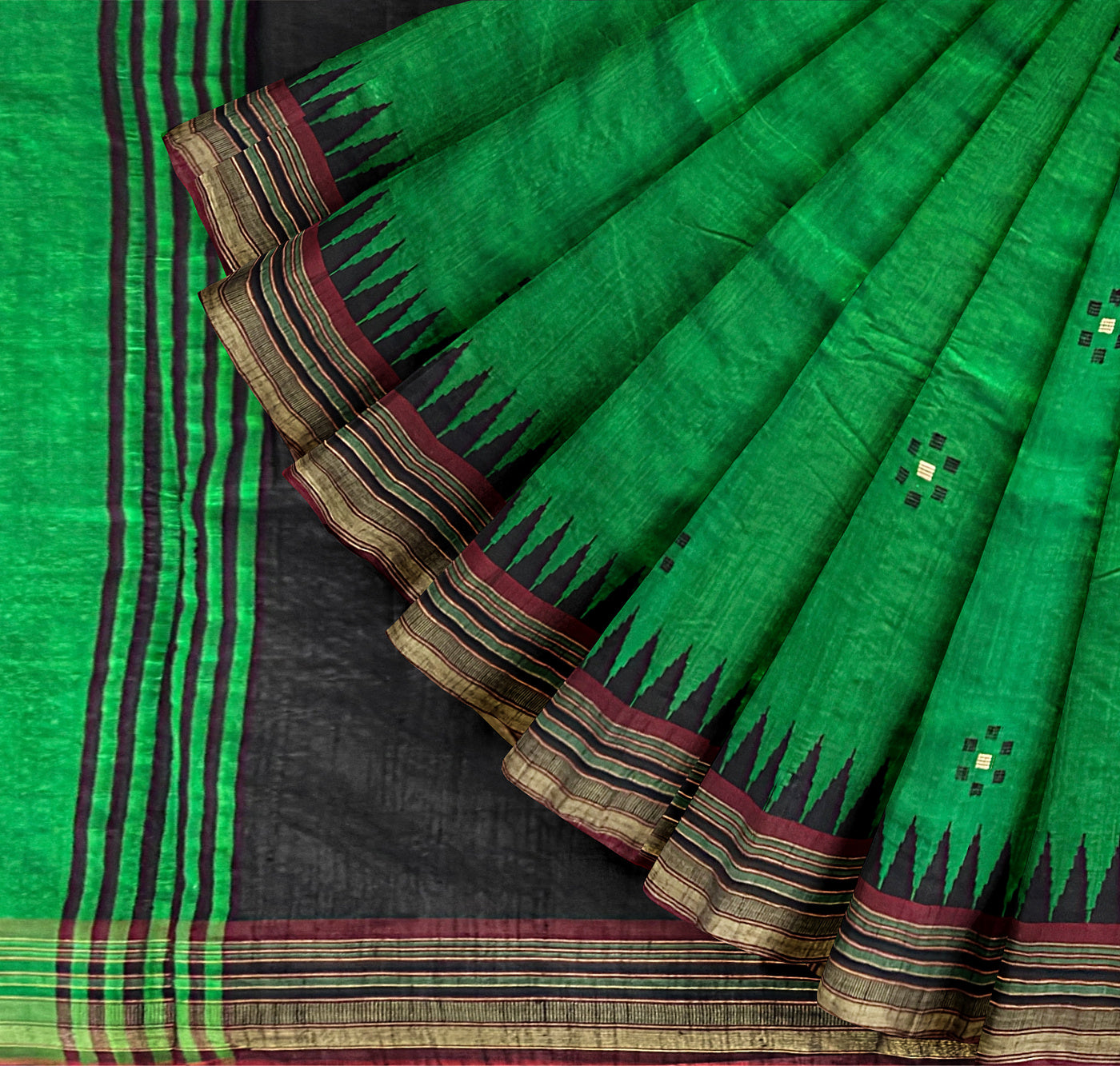Green and Black Pure Raw Silk Handloom Saree