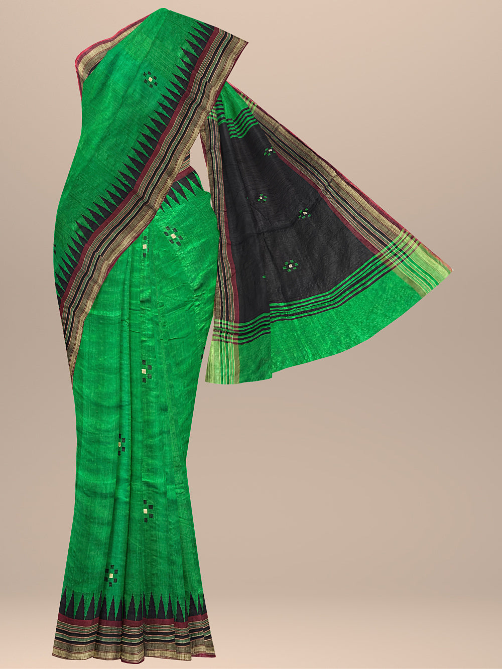 Green and Black Pure Raw Silk Handloom Saree
