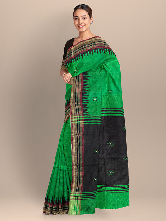 Green and Black Pure Raw Silk Handloom Saree