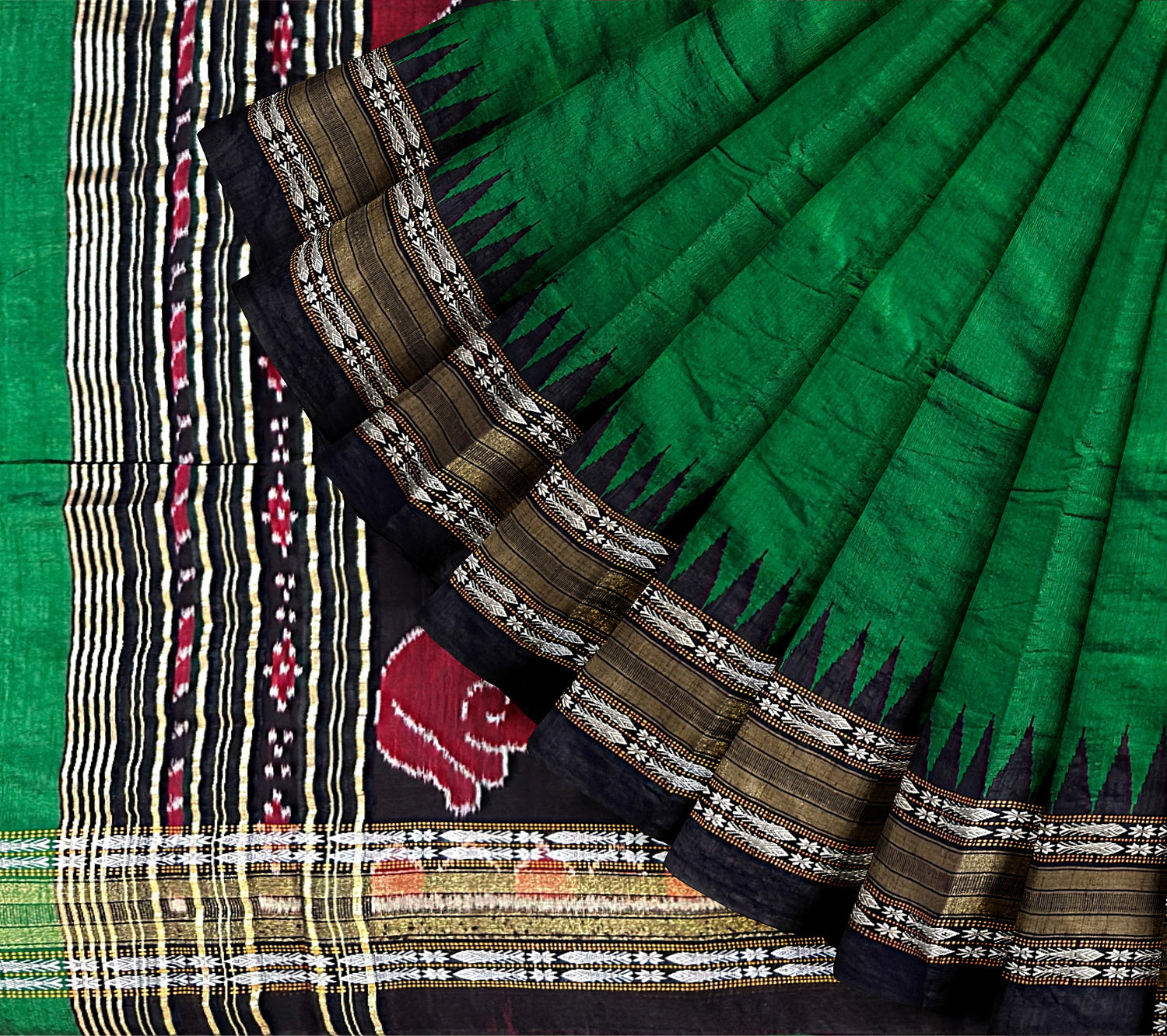 Green and Black Pure Raw Silk Handloom Saree with Vidharva Border