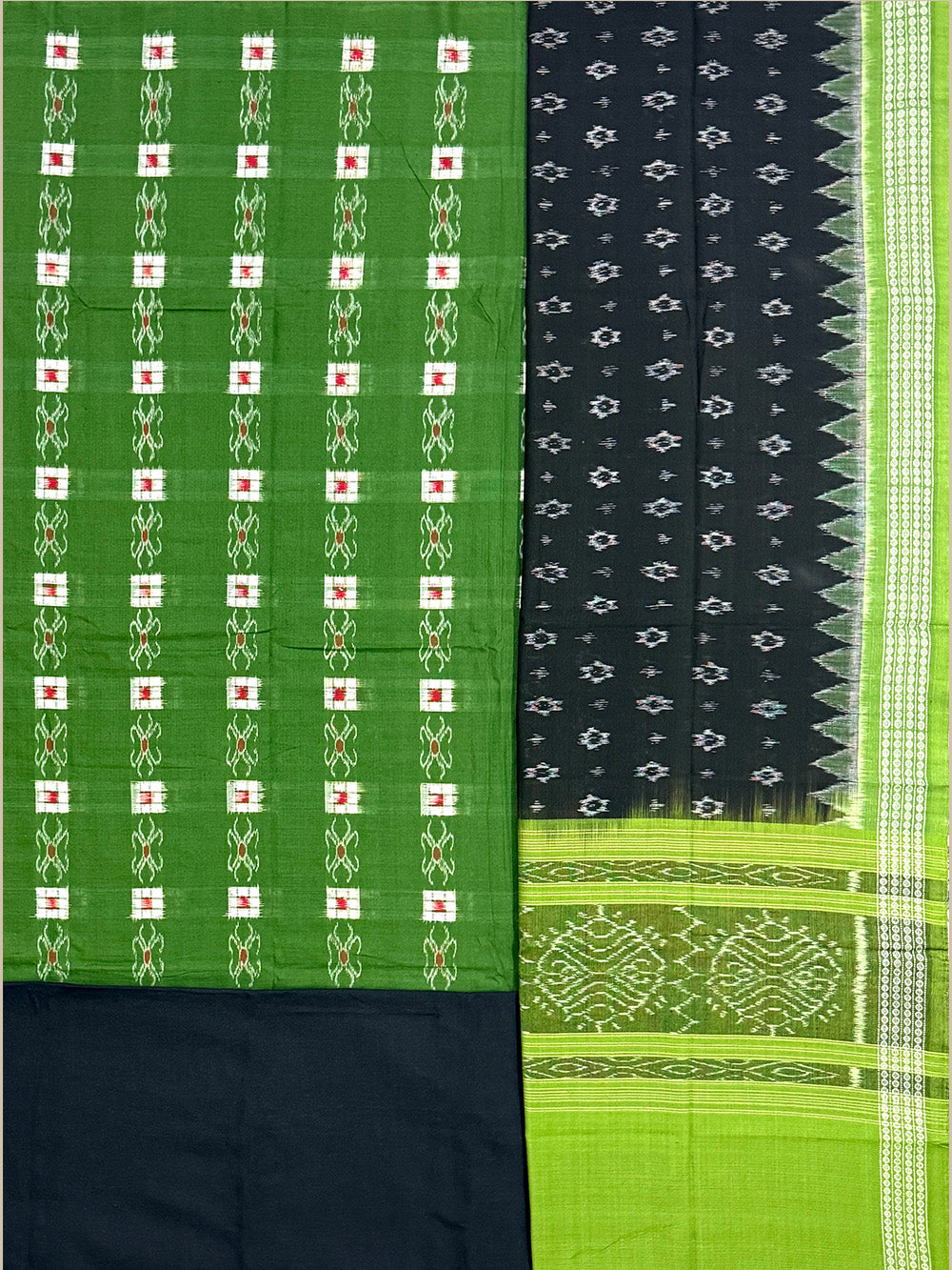 Green and Black Sambalpuri Handloom Cotton Dress Material with Passapali Pattern