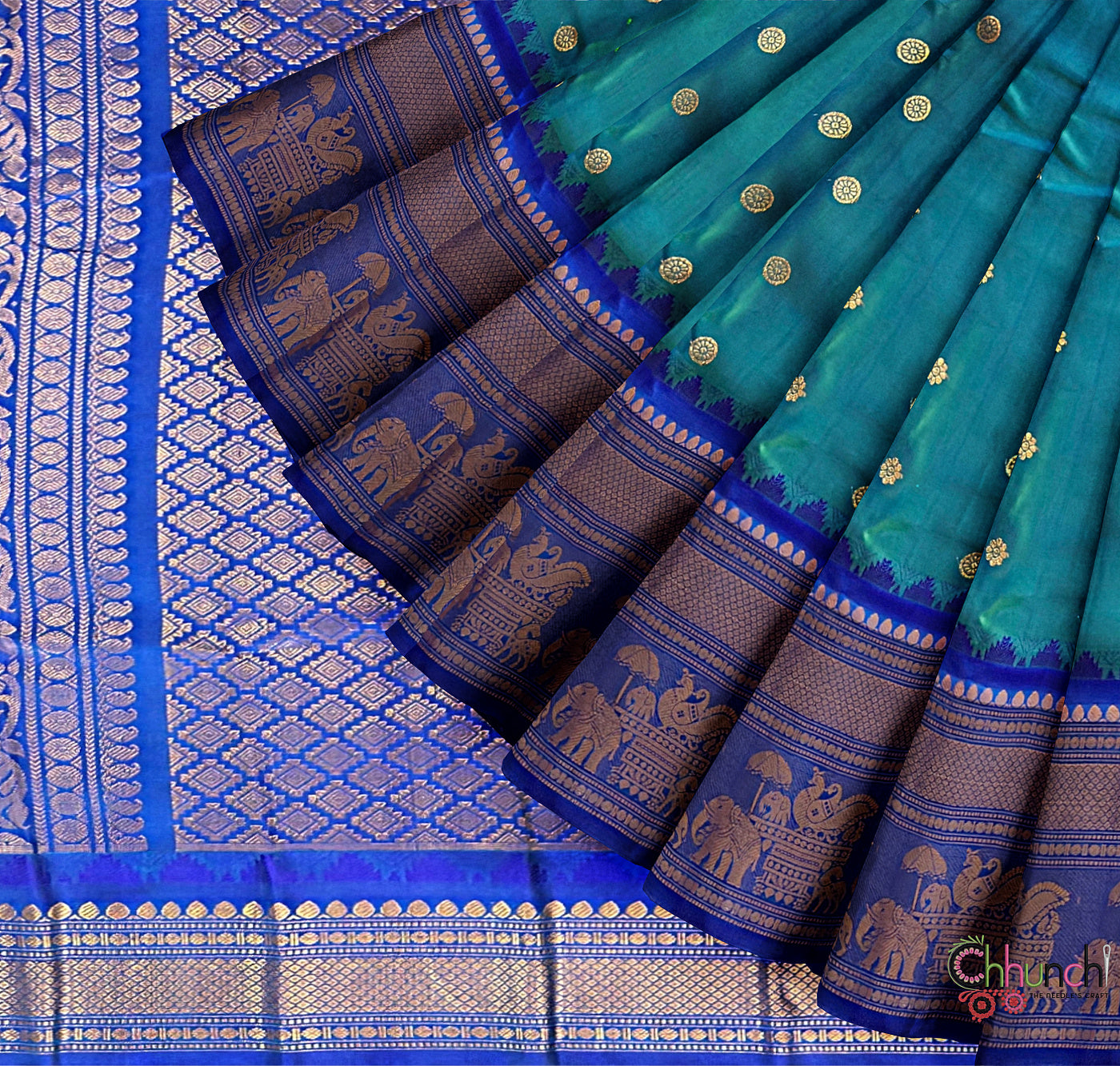 Green and Blue Pure Silk Gadwal Handloom Saree