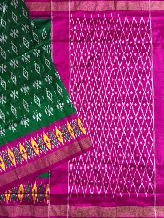 Green and Pink Pochampally Pure Silk Handloom Saree in Ikkat Pattern