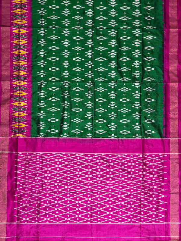 Green and Pink Pochampally Pure Silk Handloom Saree in Ikkat Pattern
